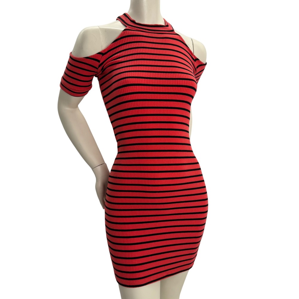 Derek Heart Striped‎ Mini Dress Cold Shoulder Ribbed Bodycon Y2K Streetwear Edgy